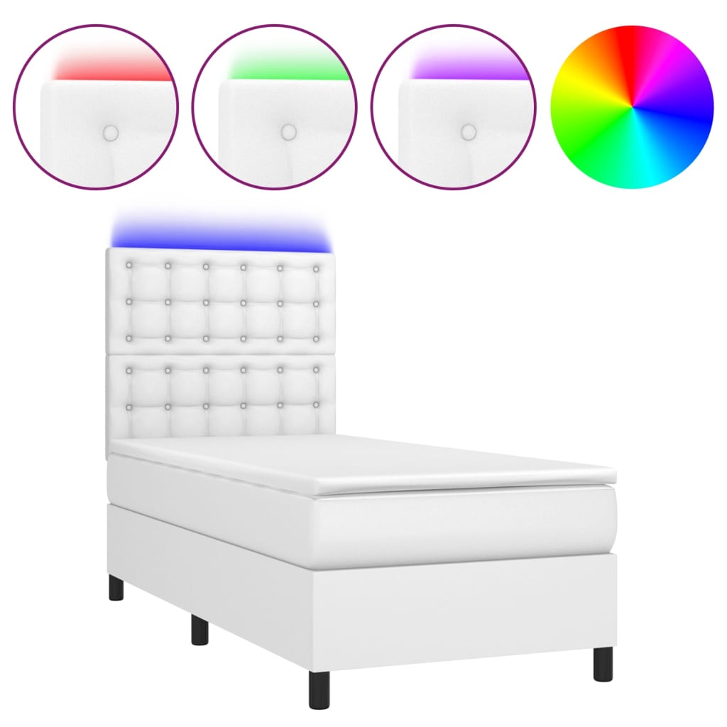 vidaXL Łóżko kontynentalne z materacem i LED, biała ekoskóra 100x200cm