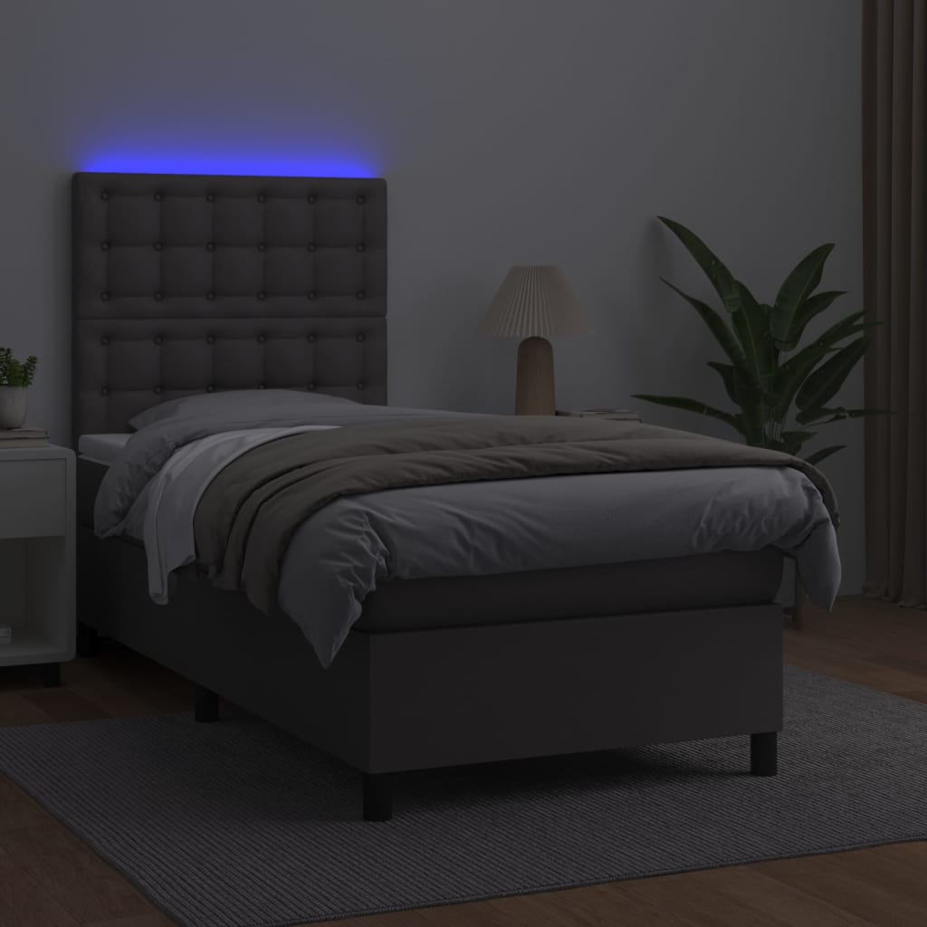 vidaXL Łóżko kontynentalne z materacem i LED, szara ekoskóra 100x200cm