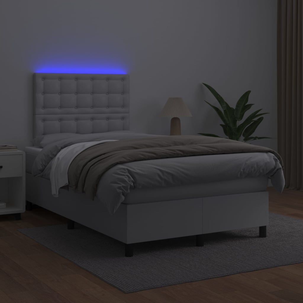 vidaXL Łóżko kontynentalne z materacem i LED, biała ekoskóra 120x200cm