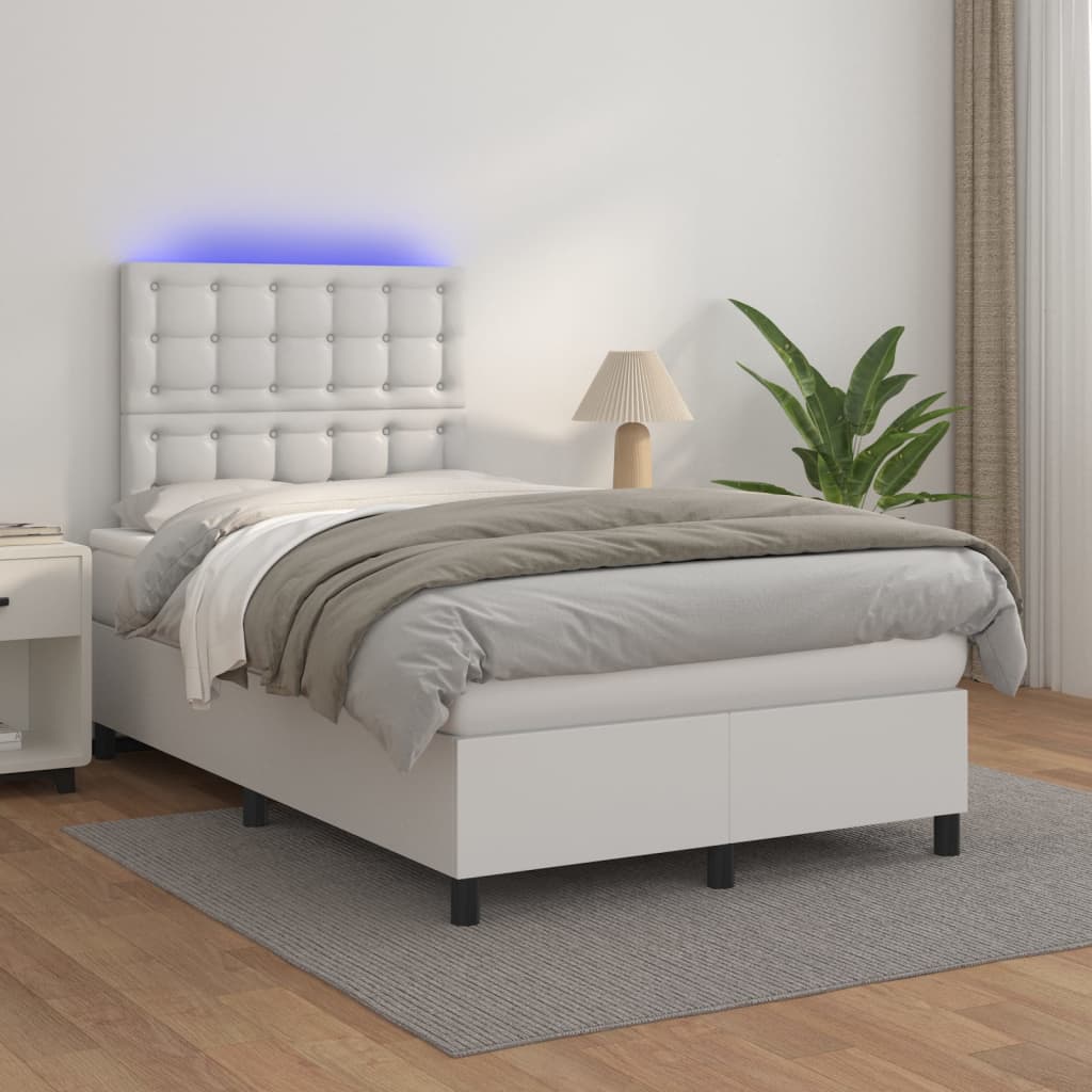 vidaXL Łóżko kontynentalne z materacem i LED, biała ekoskóra 120x200cm
