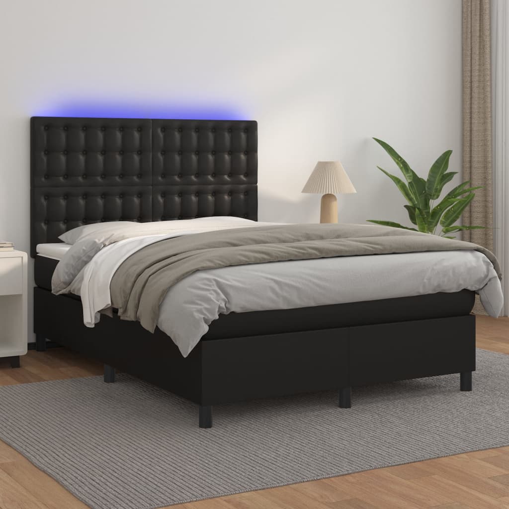 vidaXL Łóżko kontynentalne, materac i LED, czarna ekoskóra, 140x190 cm