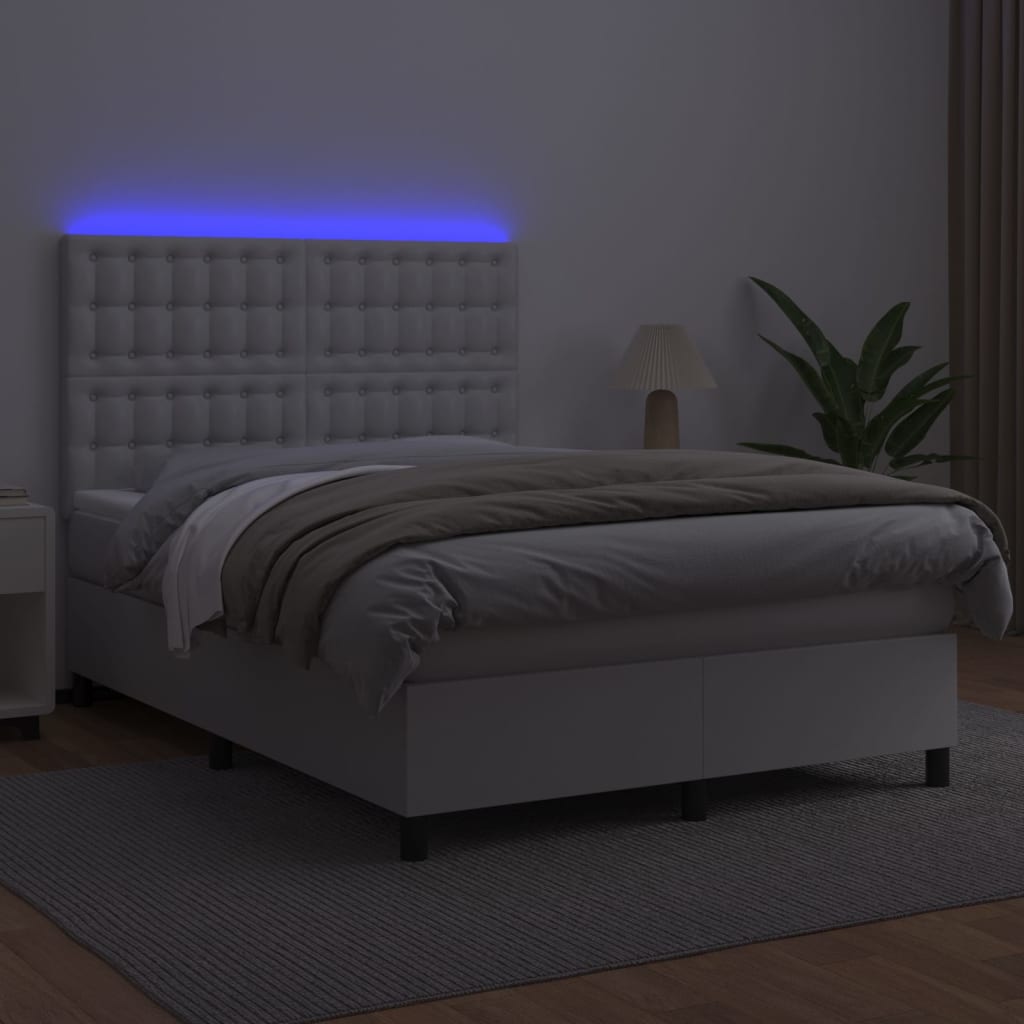 vidaXL Łóżko kontynentalne z materacem i LED, biała ekoskóra 140x190cm