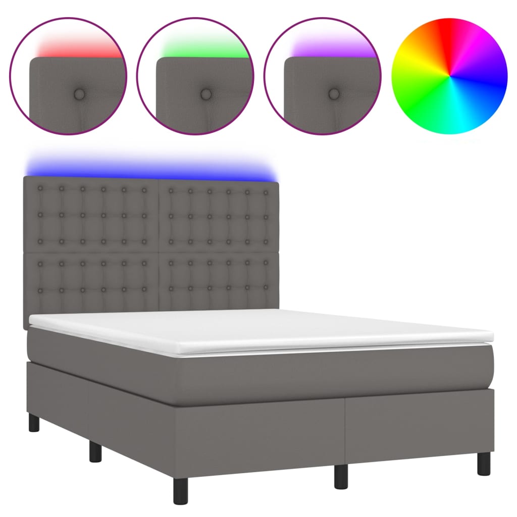 vidaXL Łóżko kontynentalne z materacem i LED, szara ekoskóra 140x190cm
