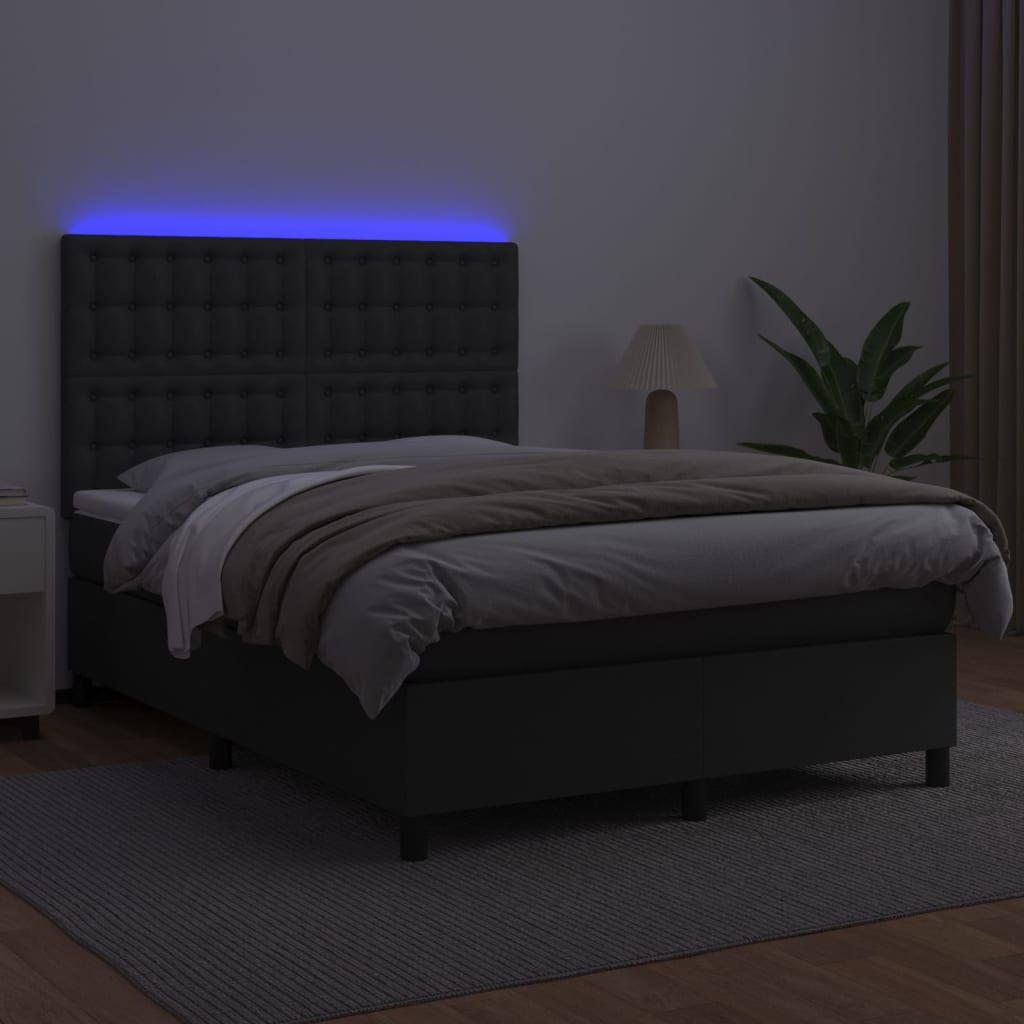 vidaXL Łóżko kontynentalne z materacem i LED czarna ekoskóra 140x200cm