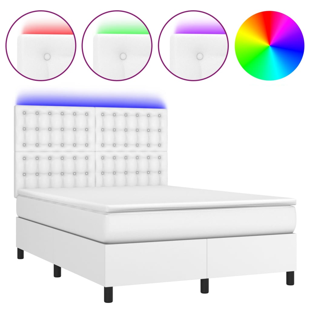 vidaXL Łóżko kontynentalne z materacem i LED, biała ekoskóra 140x200cm