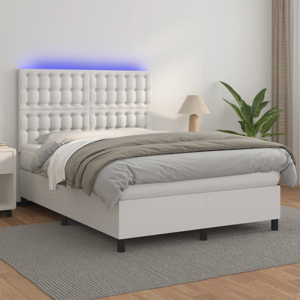 vidaXL Łóżko kontynentalne z materacem i LED, biała ekoskóra 140x200cm