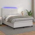 vidaXL Łóżko kontynentalne z materacem i LED, biała ekoskóra 140x200cm