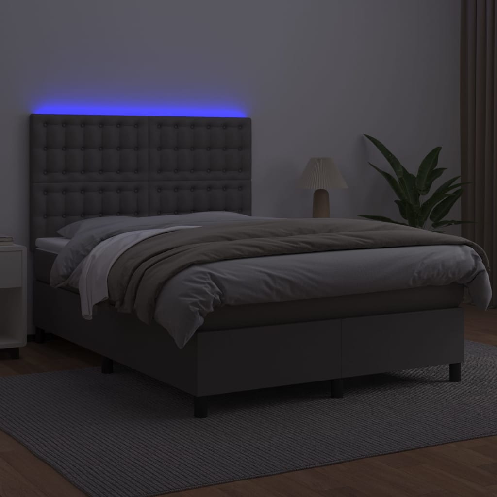 vidaXL Łóżko kontynentalne z materacem i LED, szara ekoskóra 140x200cm