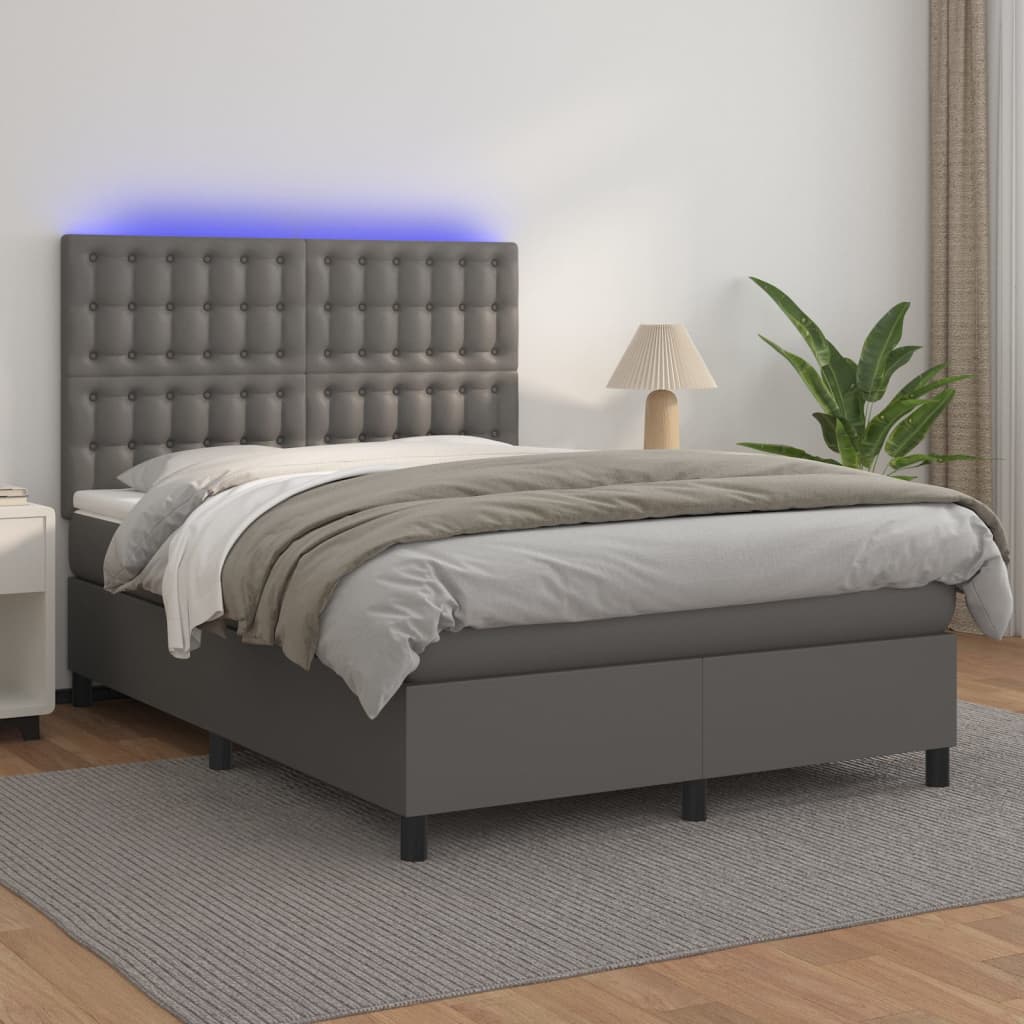 vidaXL Łóżko kontynentalne z materacem i LED, szara ekoskóra 140x200cm
