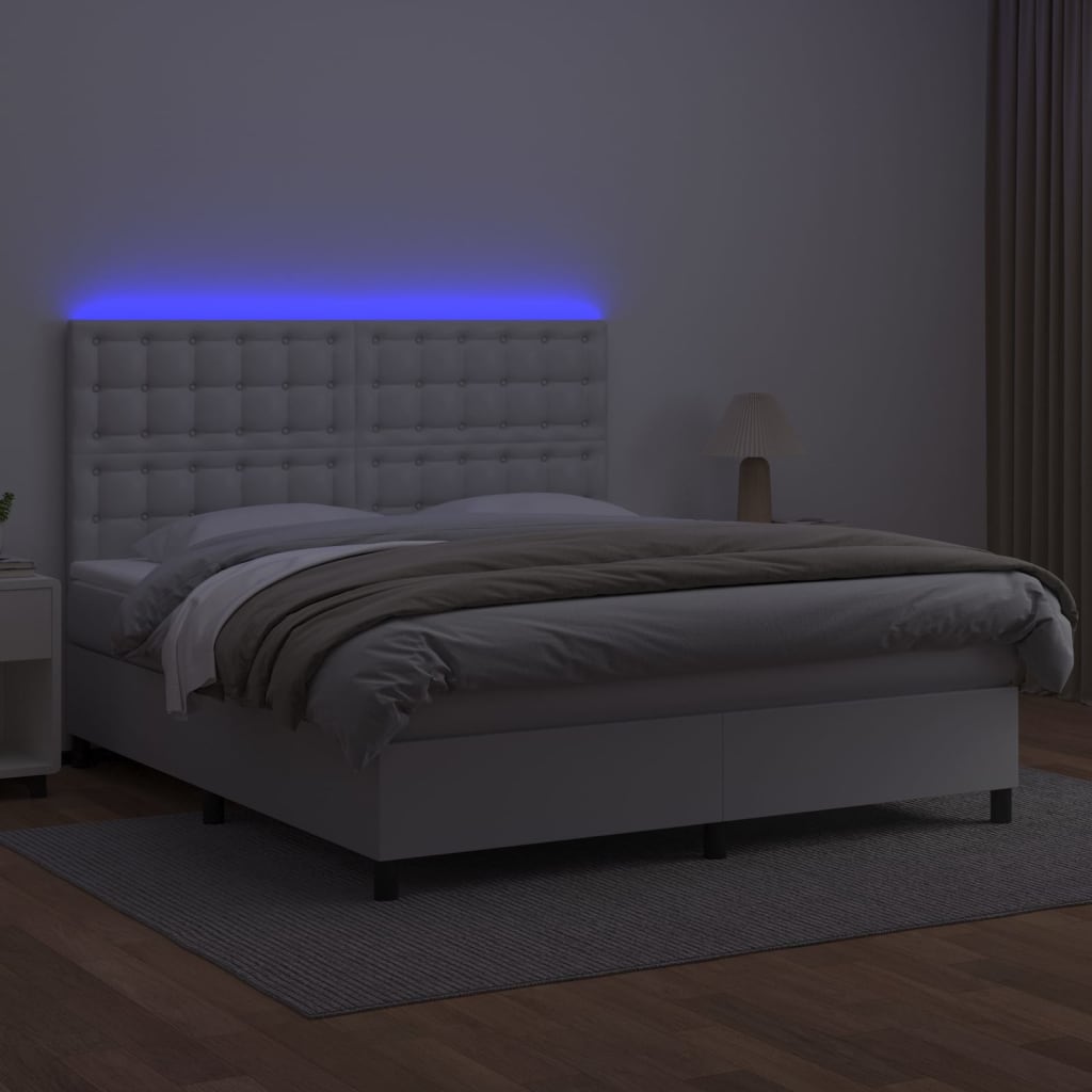 vidaXL Łóżko kontynentalne z materacem i LED, biała ekoskóra 160x200cm