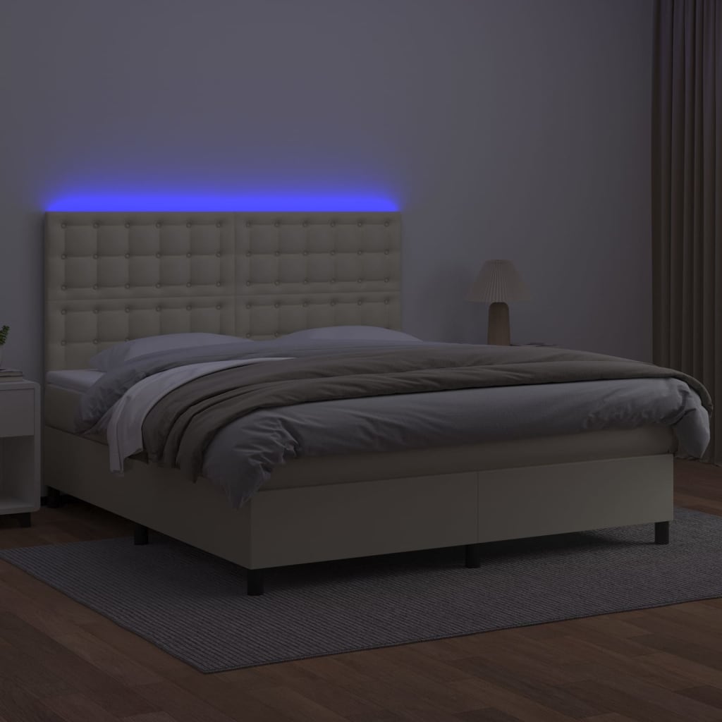 vidaXL Łóżko kontynentalne z LED, materac, kremowe, ekoskóra 160x200cm