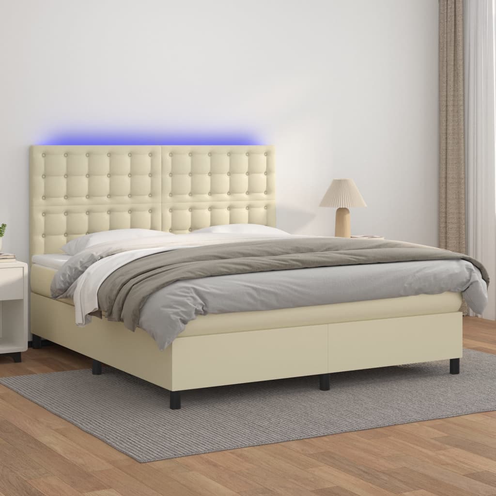 vidaXL Łóżko kontynentalne z LED, materac, kremowe, ekoskóra 160x200cm