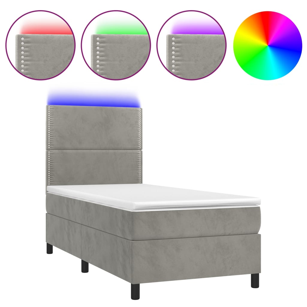 vidaXL Łóżko kontynentalne z materacem i LED, szare 100x200cm, aksamit