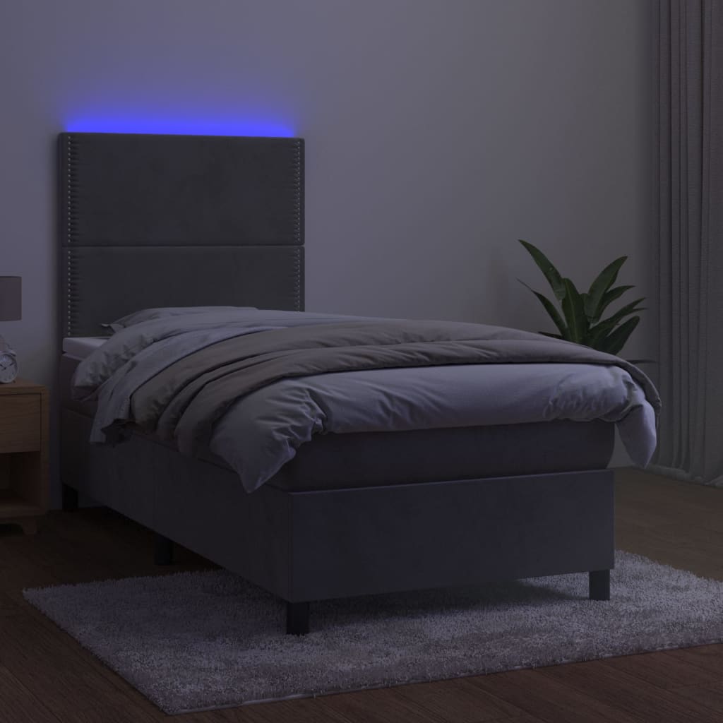 vidaXL Łóżko kontynentalne z materacem i LED, szare 100x200cm, aksamit