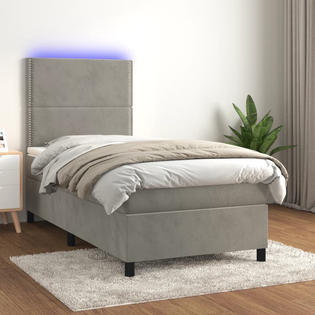 vidaXL Łóżko kontynentalne z materacem i LED, szare 100x200cm, aksamit