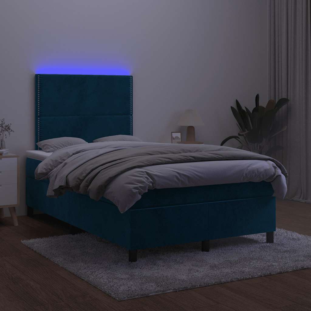 vidaXL Łóżko kontynentalne, materac i LED, niebieski aksamit 120x200cm