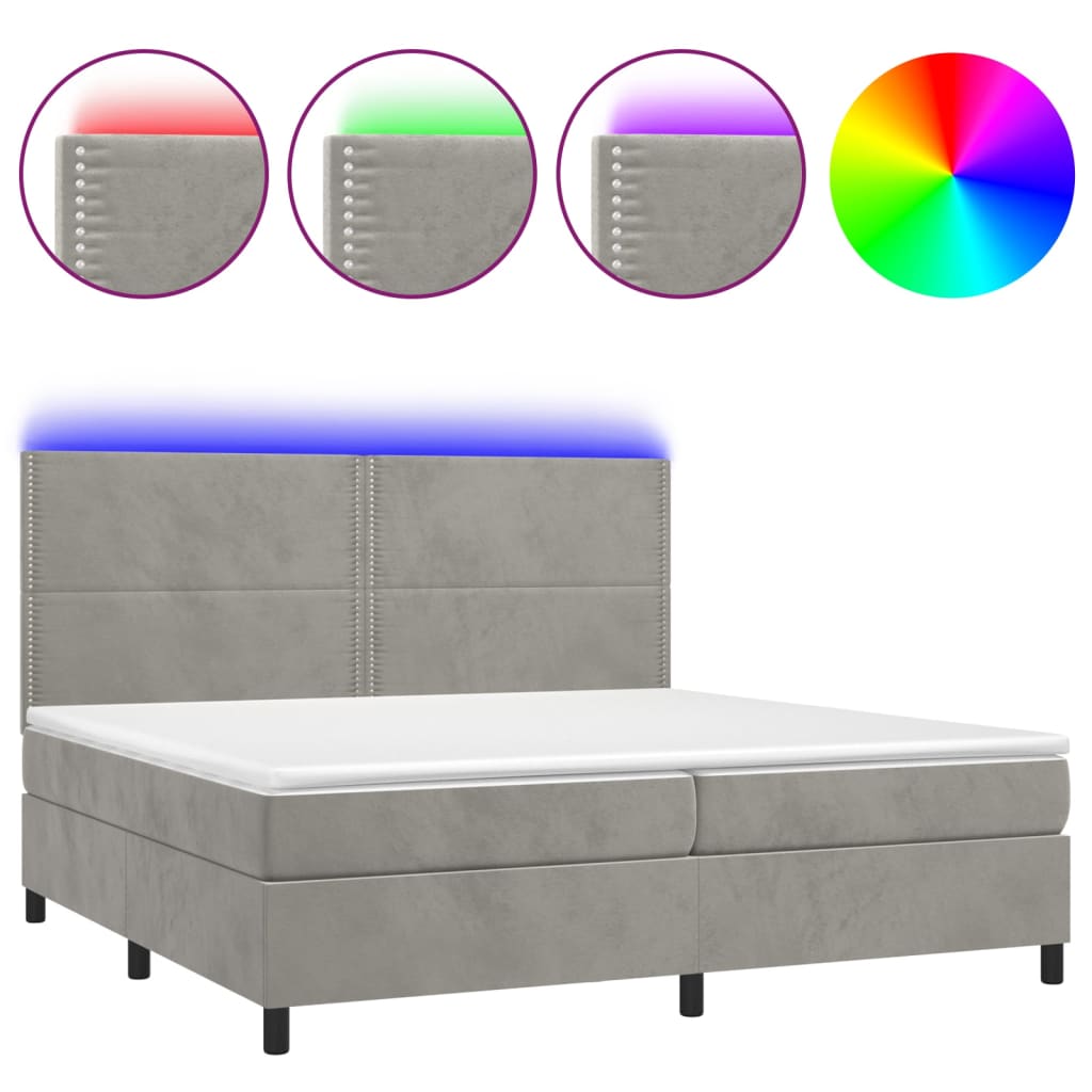 vidaXL Łóżko kontynentalne z materacem i LED, szare 200x200cm, aksamit