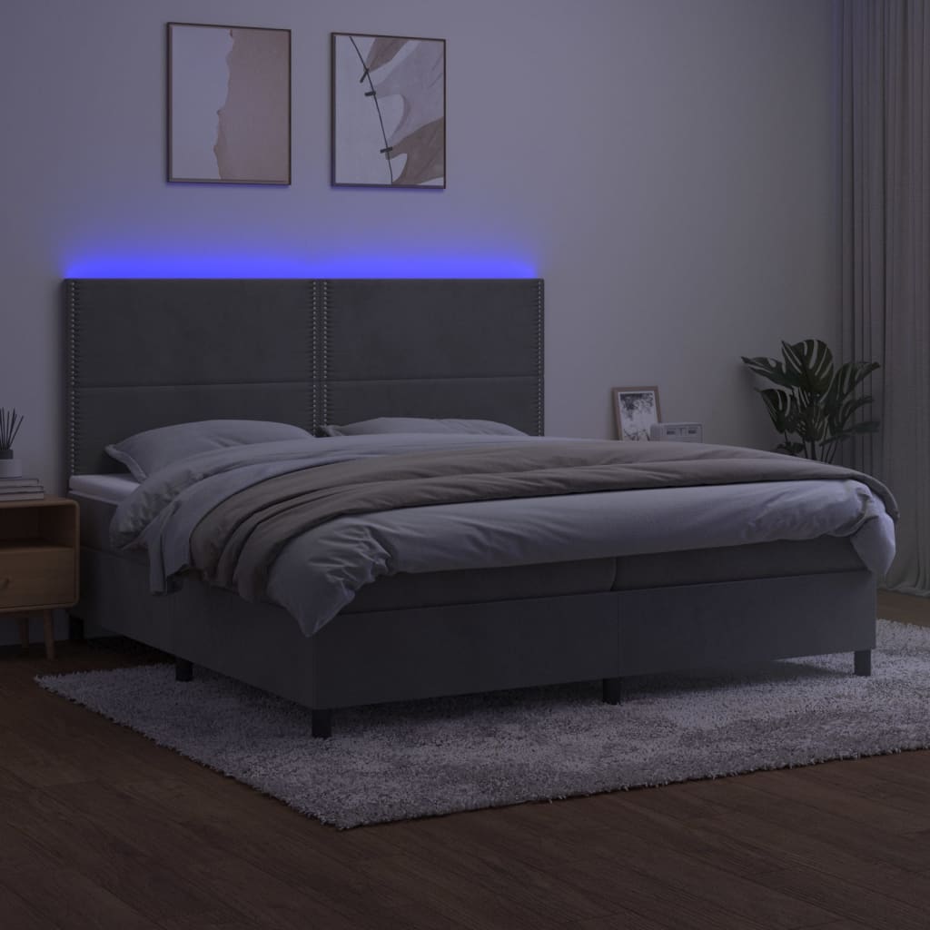 vidaXL Łóżko kontynentalne z materacem i LED, szare 200x200cm, aksamit