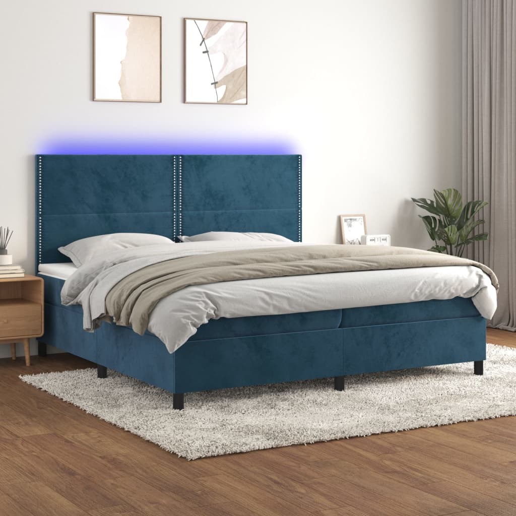 vidaXL Łóżko kontynentalne, materac i LED, niebieski aksamit 200x200cm