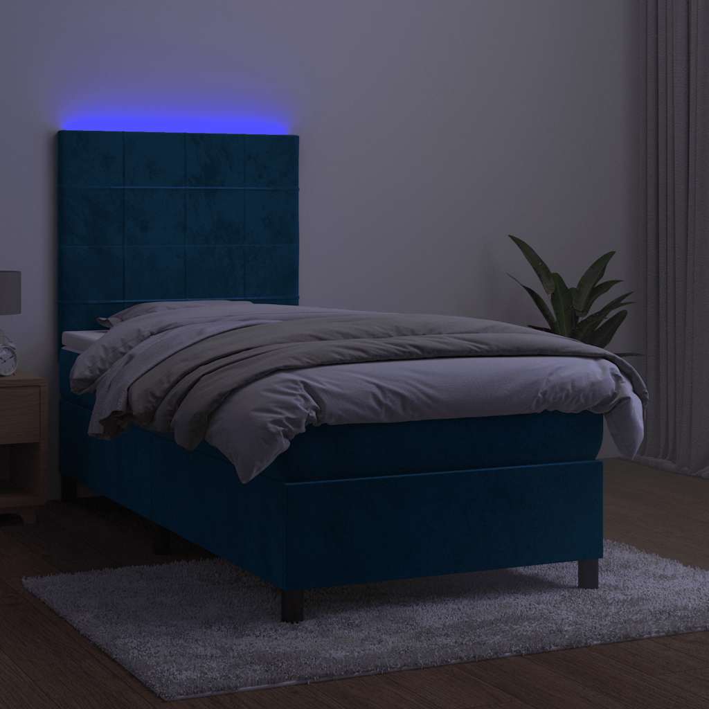 vidaXL Łóżko kontynentalne, materac i LED, niebieski aksamit 90x190 cm