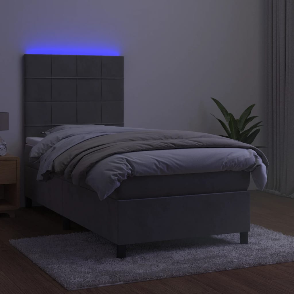 vidaXL Łóżko kontynentalne z materacem i LED, szare 90x200 cm, aksamit