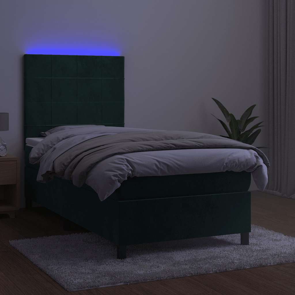 vidaXL Łóżko kontynentalne z materacem i LED zielony aksamit 90x200 cm