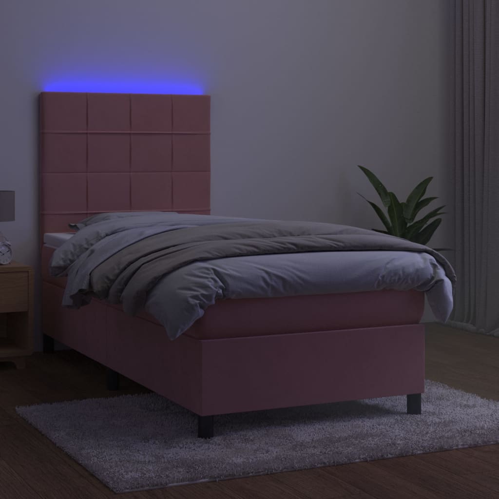 vidaXL Łóżko kontynentalne z materacem i LED, różowy aksamit 100x200cm