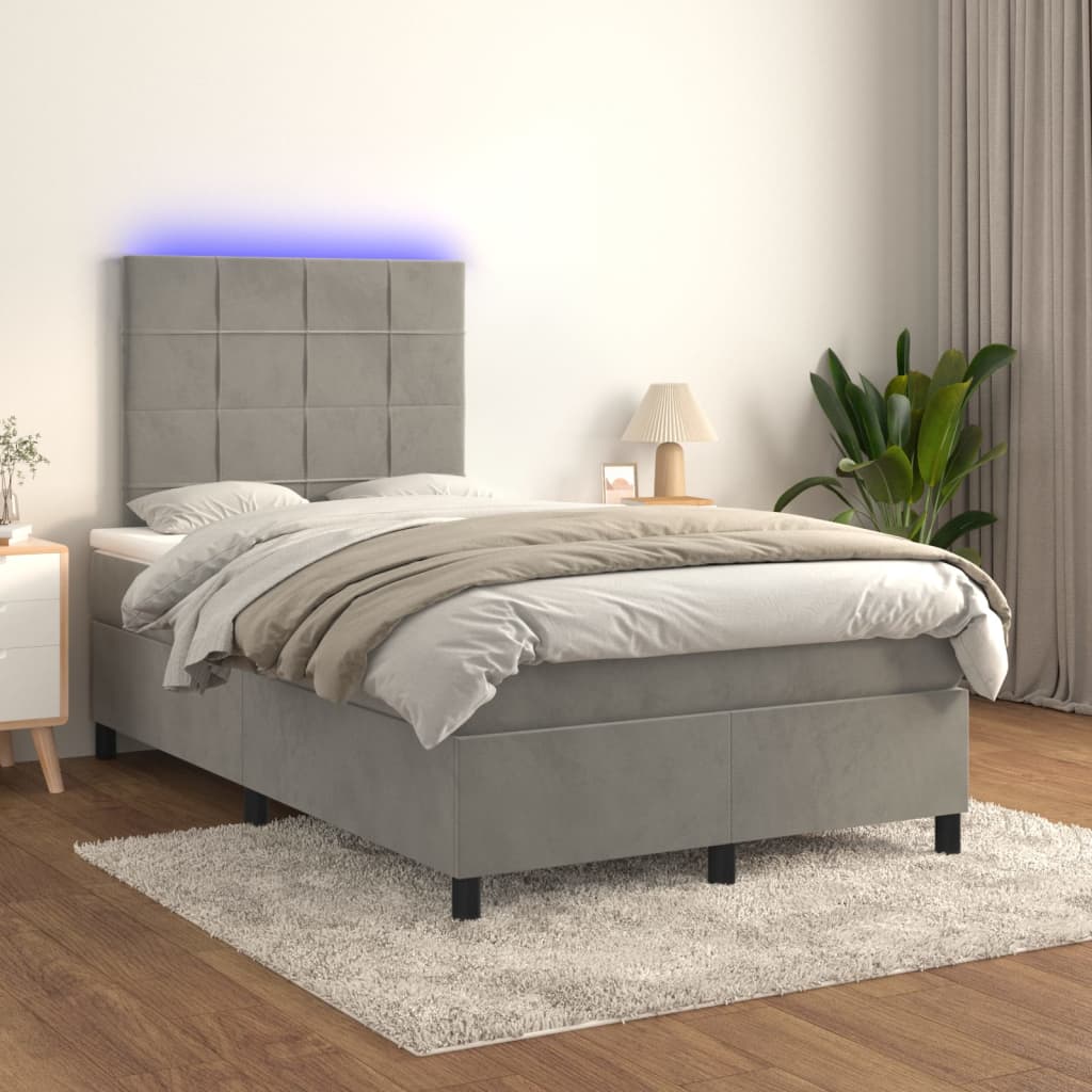 vidaXL Łóżko kontynentalne z materacem i LED, szare 120x200cm, aksamit
