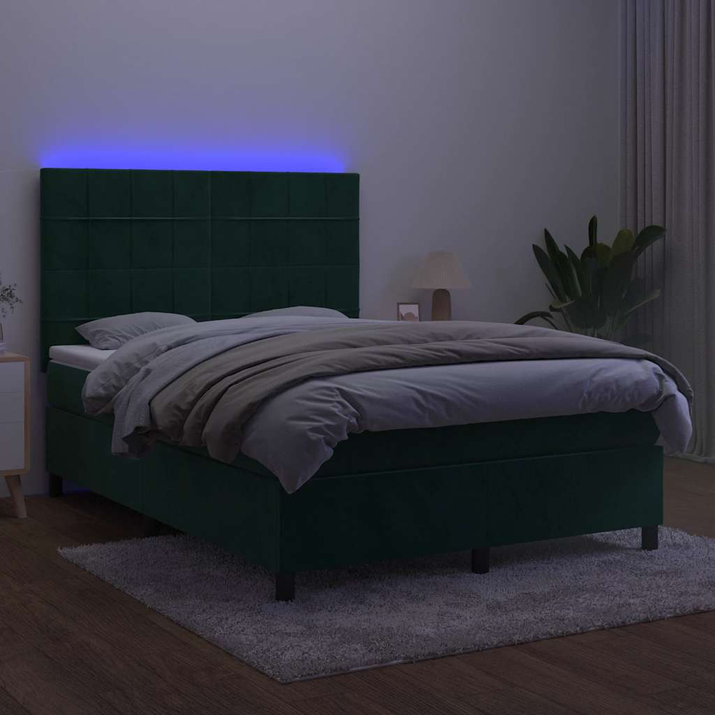 vidaXL Łóżko kontynentalne z materacem i LED zielony aksamit 140x190cm