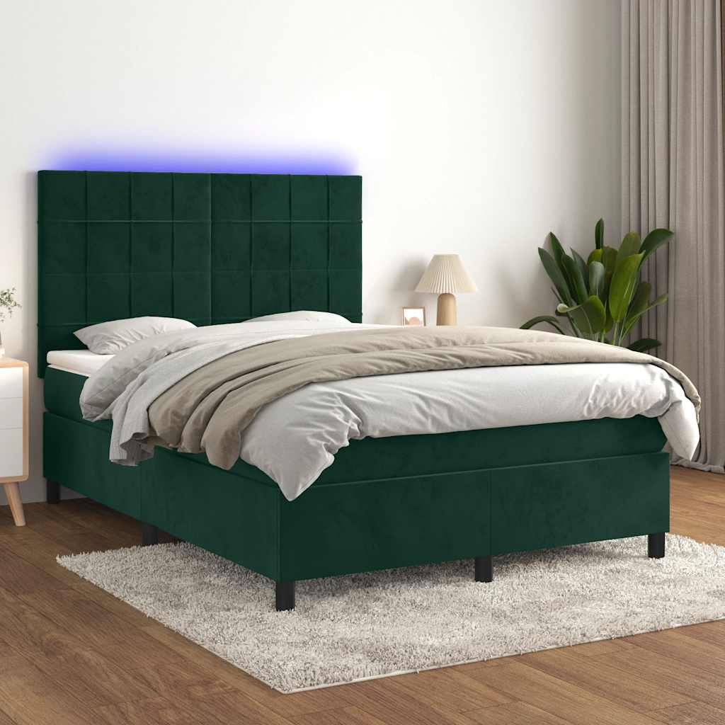 vidaXL Łóżko kontynentalne z materacem i LED zielony aksamit 140x190cm