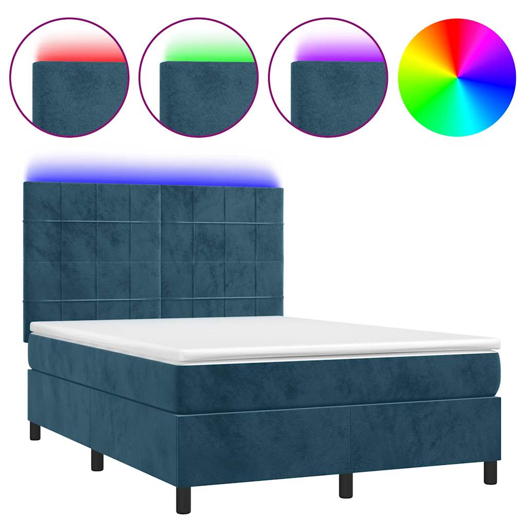 vidaXL Łóżko kontynentalne, materac i LED, niebieski aksamit 140x190cm