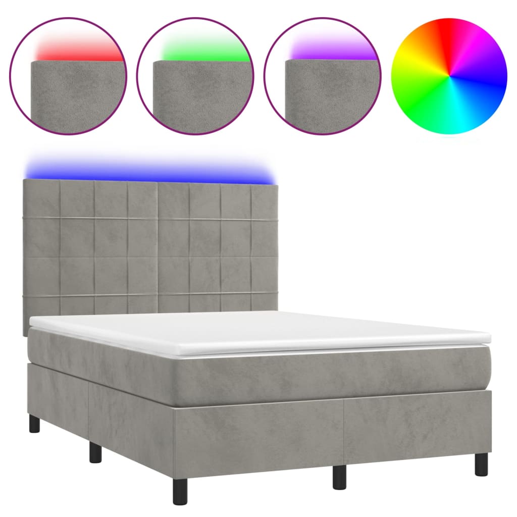 vidaXL Łóżko kontynentalne z materacem i LED, szare 140x200cm, aksamit