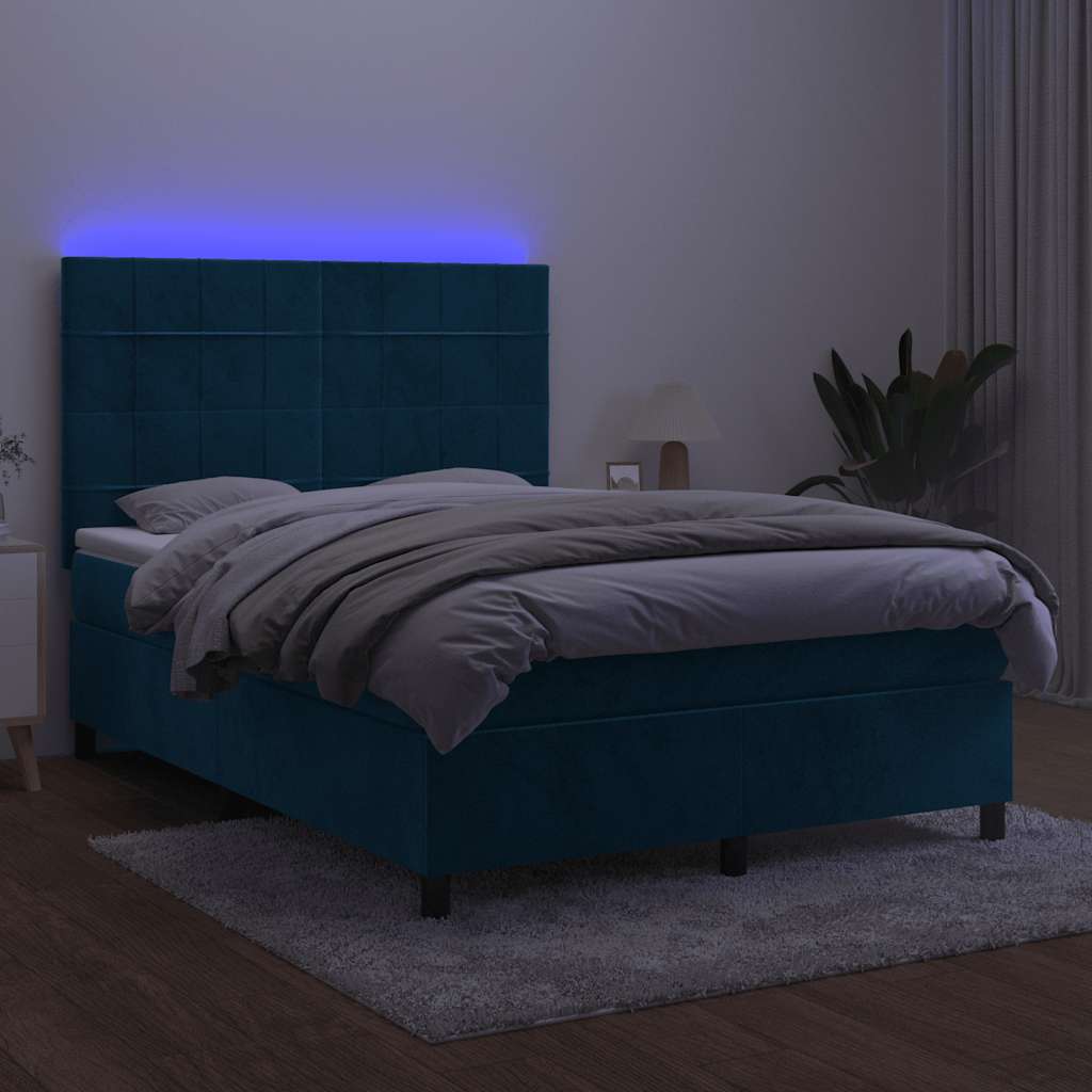 vidaXL Łóżko kontynentalne, materac i LED, niebieski aksamit 140x200cm