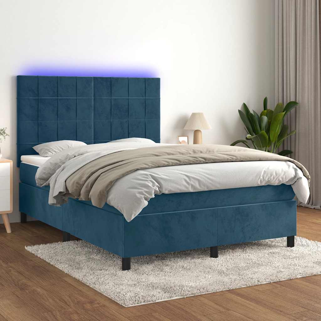 vidaXL Łóżko kontynentalne, materac i LED, niebieski aksamit 140x200cm