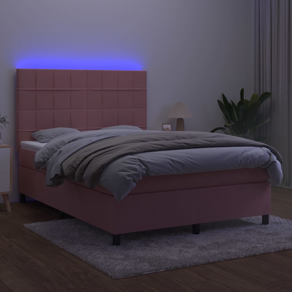 vidaXL Łóżko kontynentalne z materacem i LED, różowy aksamit 140x200cm