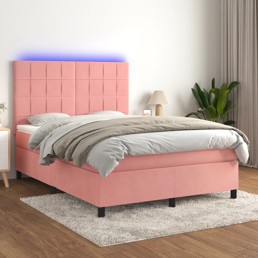 vidaXL Łóżko kontynentalne z materacem i LED, różowy aksamit 140x200cm