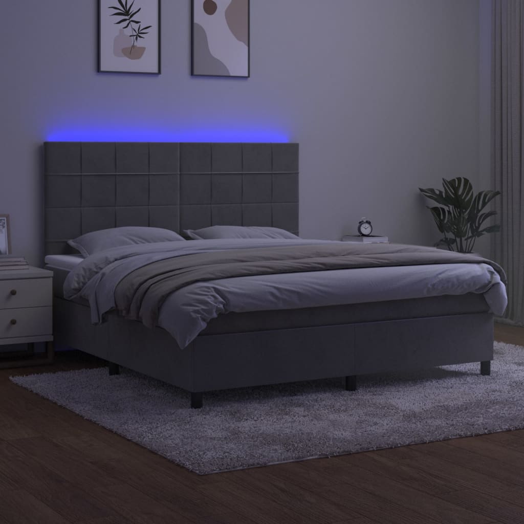 vidaXL Łóżko kontynentalne z materacem i LED, szare 160x200cm, aksamit