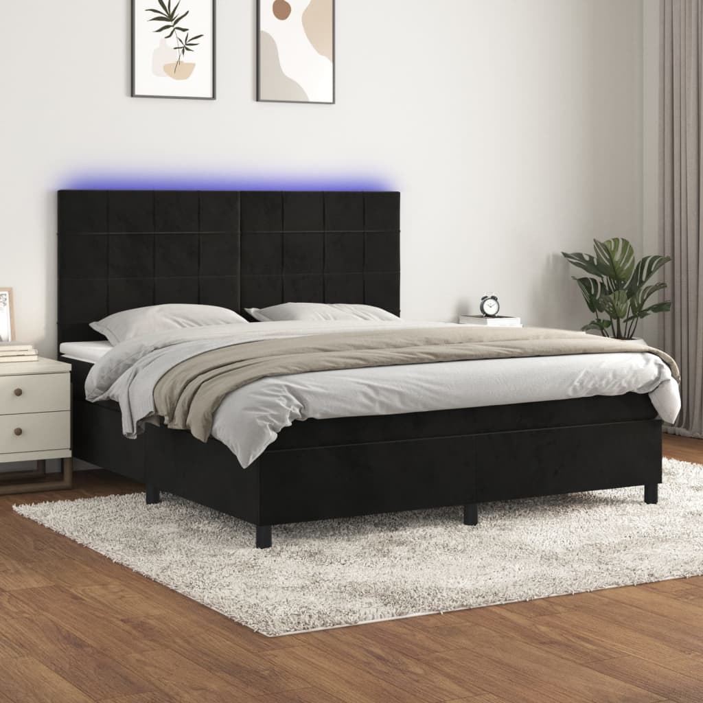 vidaXL Łóżko kontynentalne z materacem i LED, czarny aksamit 160x200cm