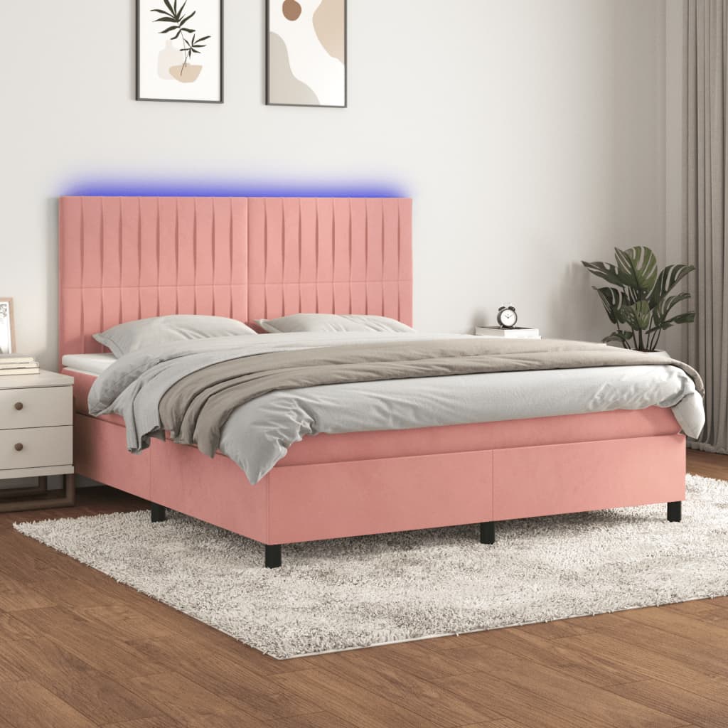 vidaXL Łóżko kontynentalne z materacem i LED, różowy aksamit 160x200cm