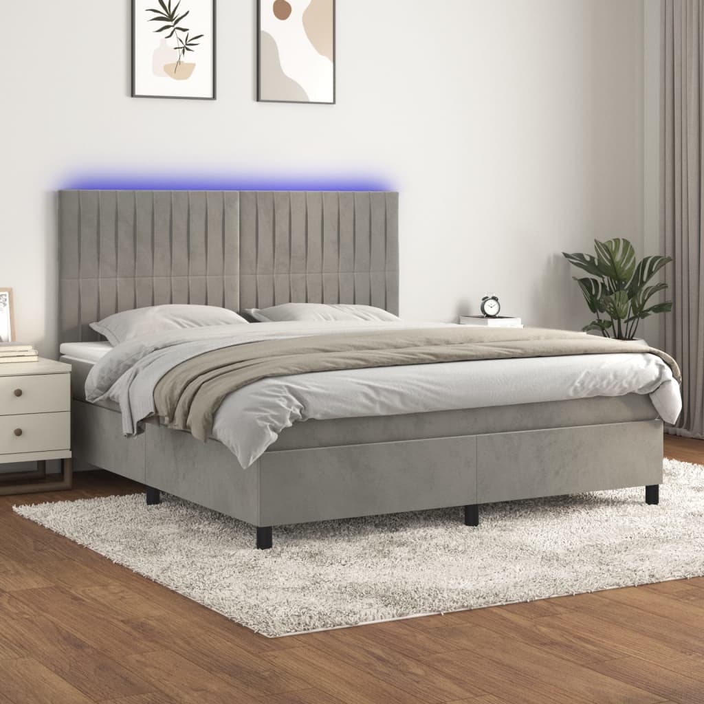 vidaXL Łóżko kontynentalne z materacem i LED, szare 180x200cm, aksamit