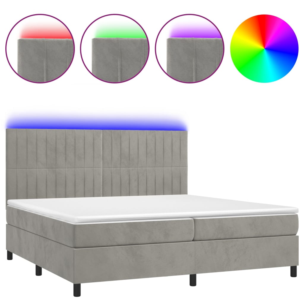 vidaXL Łóżko kontynentalne z materacem i LED, szare 200x200cm, aksamit