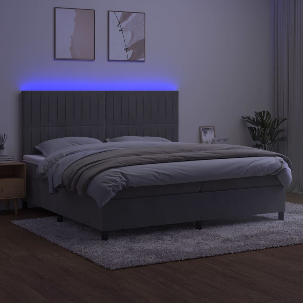 vidaXL Łóżko kontynentalne z materacem i LED, szare 200x200cm, aksamit