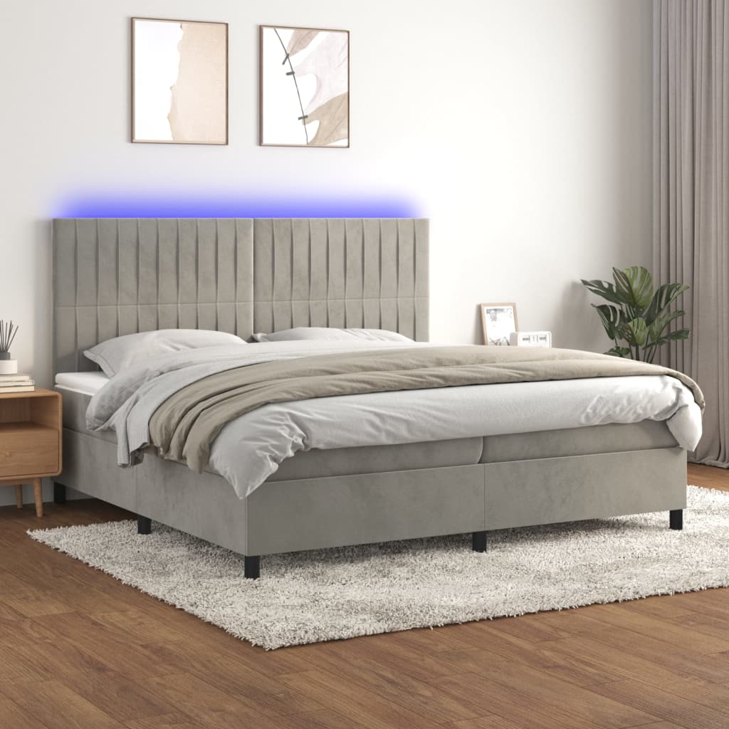 vidaXL Łóżko kontynentalne z materacem i LED, szare 200x200cm, aksamit