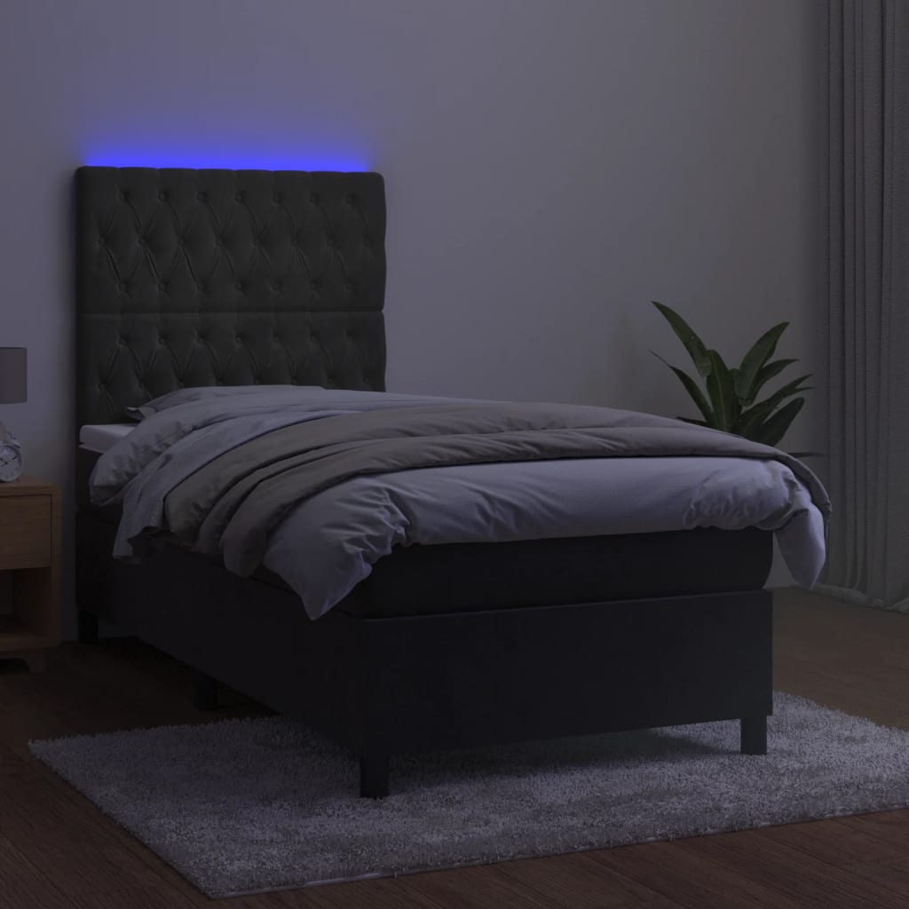 vidaXL Łóżko kontynentalne z materacem i LED, szary aksamit, 90x190 cm