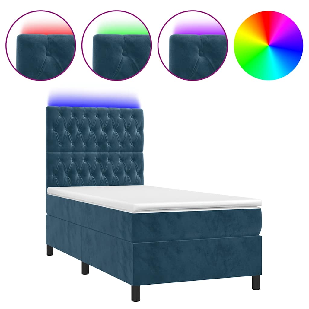 vidaXL Łóżko kontynentalne, materac i LED, niebieski aksamit 90x190 cm
