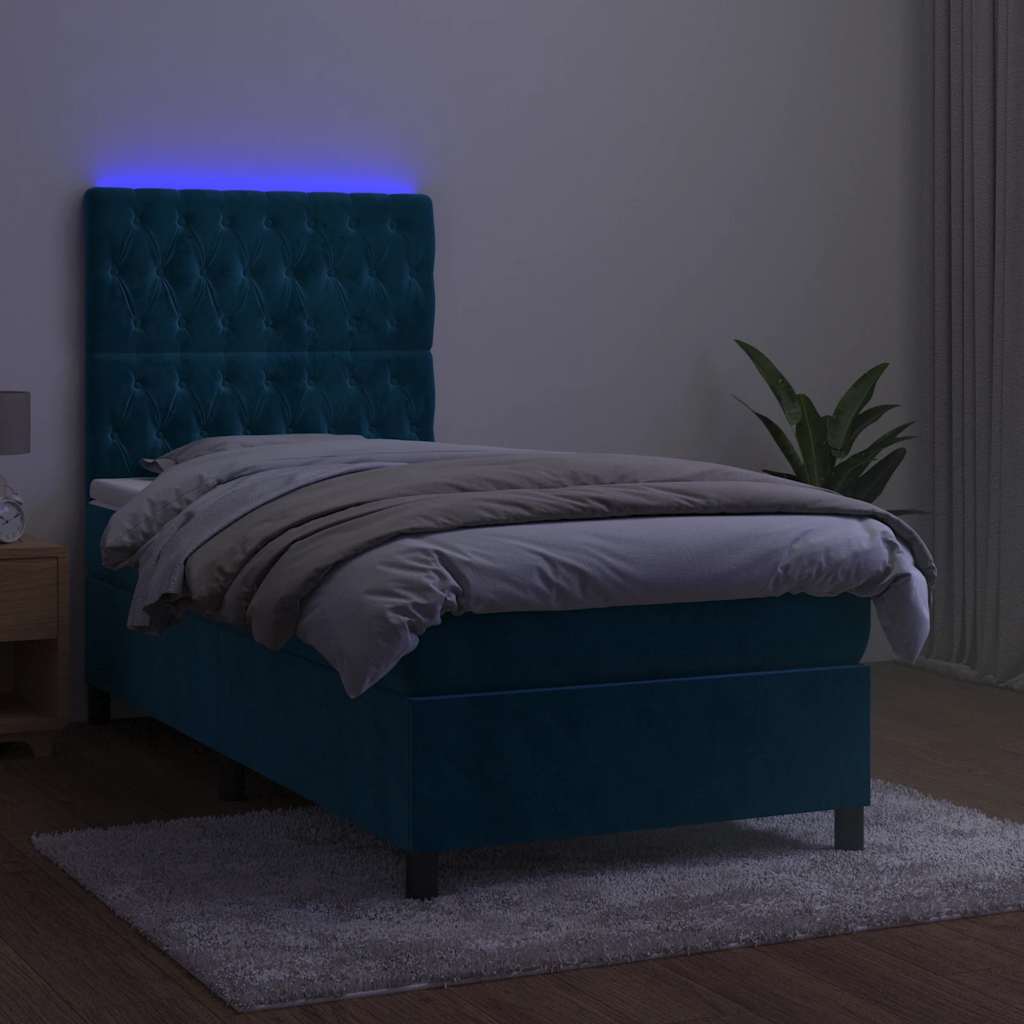 vidaXL Łóżko kontynentalne, materac i LED, niebieski aksamit 90x190 cm