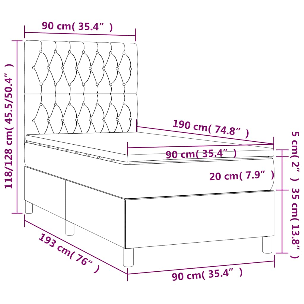 vidaXL Łóżko kontynentalne, materac i LED, niebieski aksamit 90x190 cm
