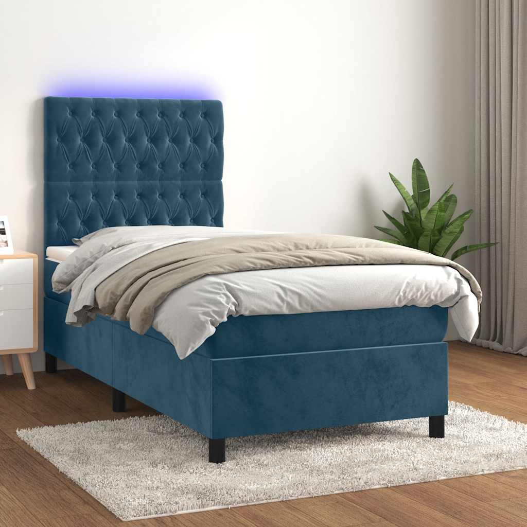 vidaXL Łóżko kontynentalne, materac i LED, niebieski aksamit 90x190 cm