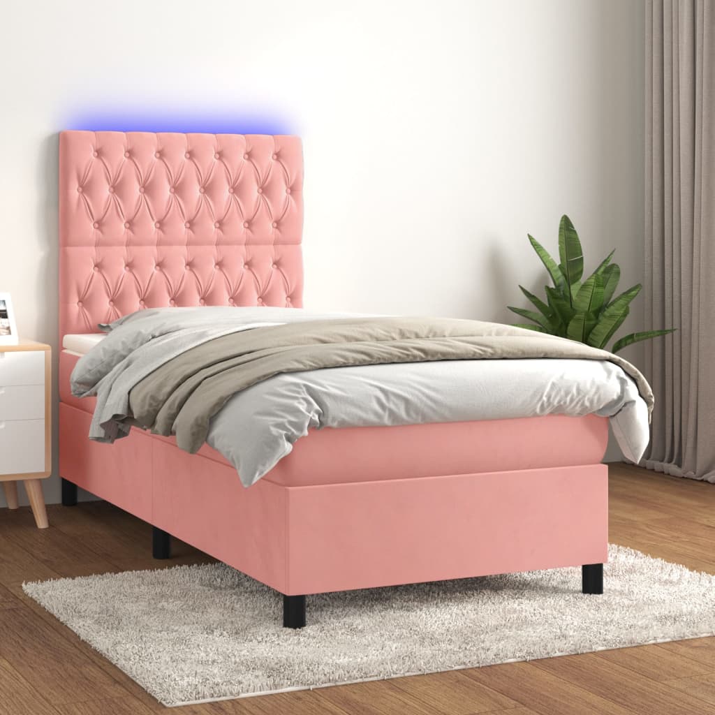 vidaXL Łóżko kontynentalne z materacem i LED, różowy aksamit 90x190 cm