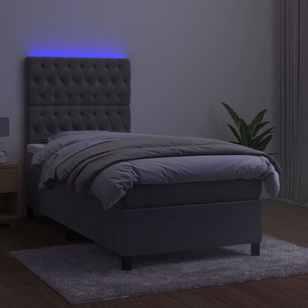 vidaXL Łóżko kontynentalne z materacem i LED, szare 90x200 cm, aksamit
